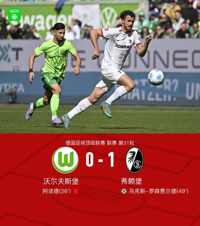 沃尔夫斯堡0-1弗赖堡，罗森费尔德破门，阿诺德染红