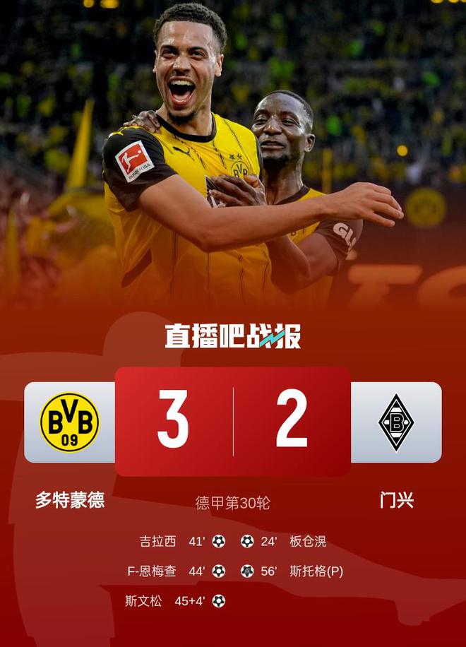 德甲-多特3-2门兴4轮不败升第七 吉拉西、恩梅查、斯文松各进一球