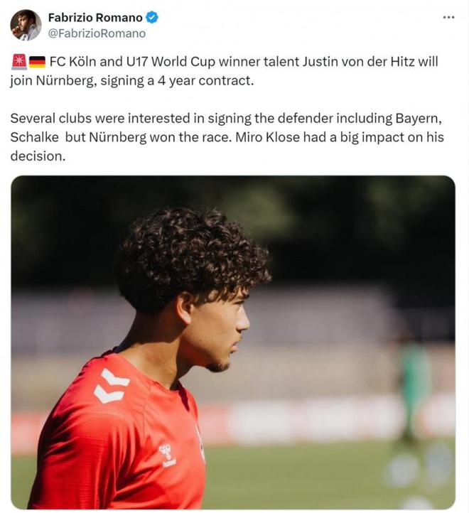羅馬諾：紐倫堡將簽下18歲翼衛希茨，在競爭中戰勝拜仁、沙爾克