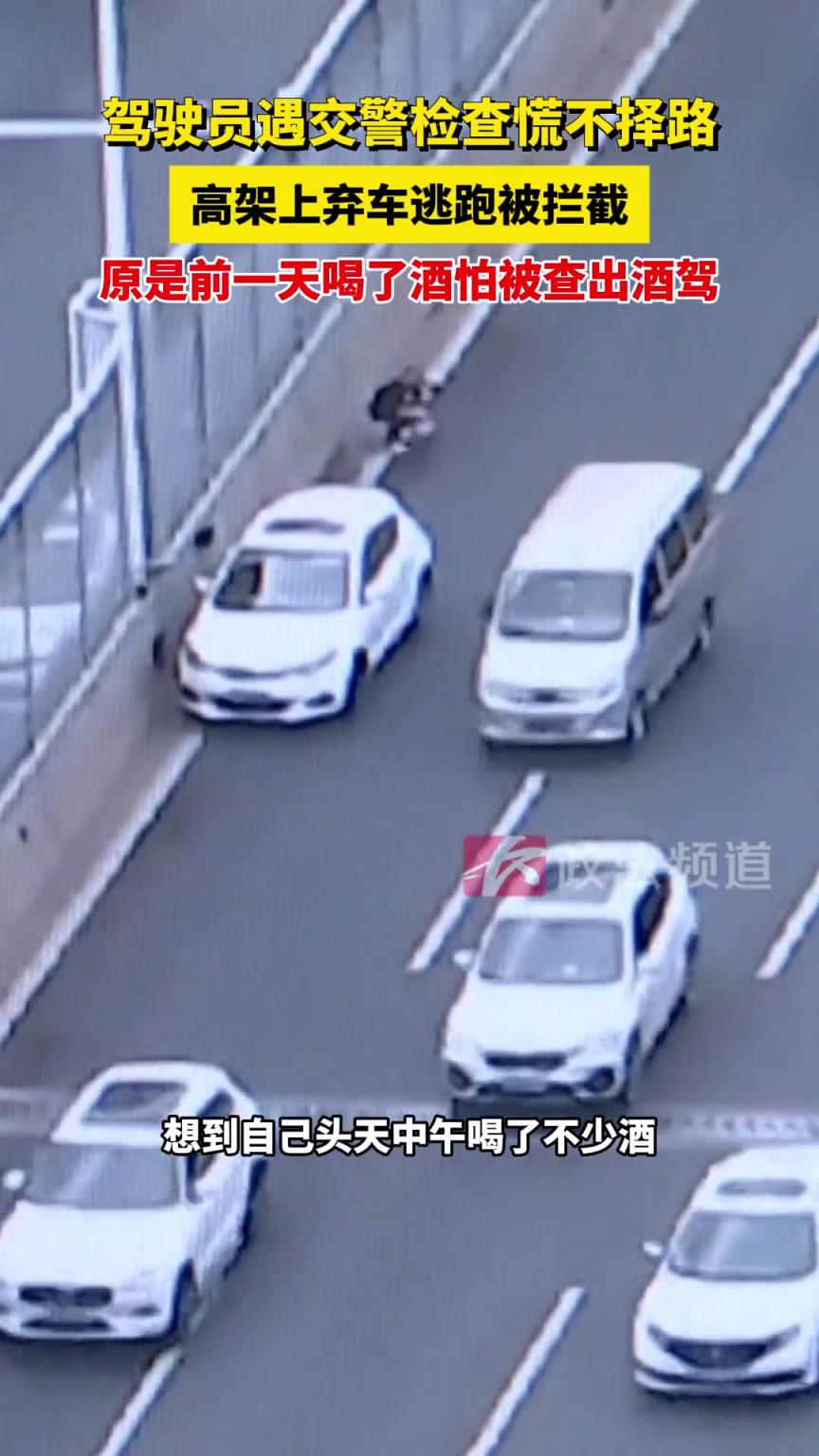 高架上弃车逃跑被拦截，原是前一天喝了酒怕被查出酒驾
