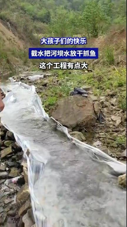 大孩子们的快乐，截水把河坝水放干抓鱼，这个工程有点大