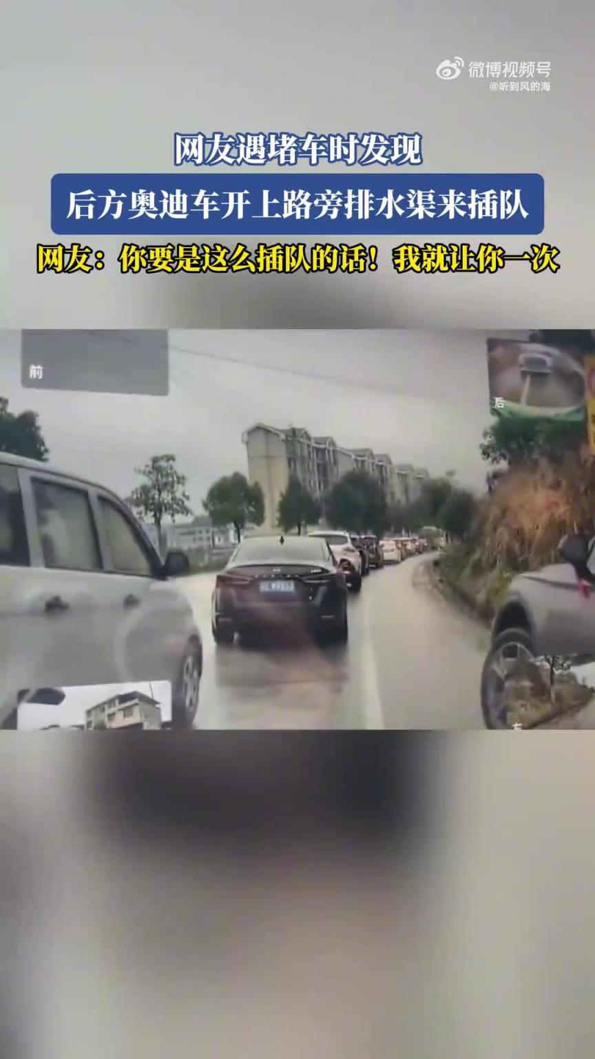 网友遇堵车时发现后方奥迪车开上路旁排水渠来插队！！！