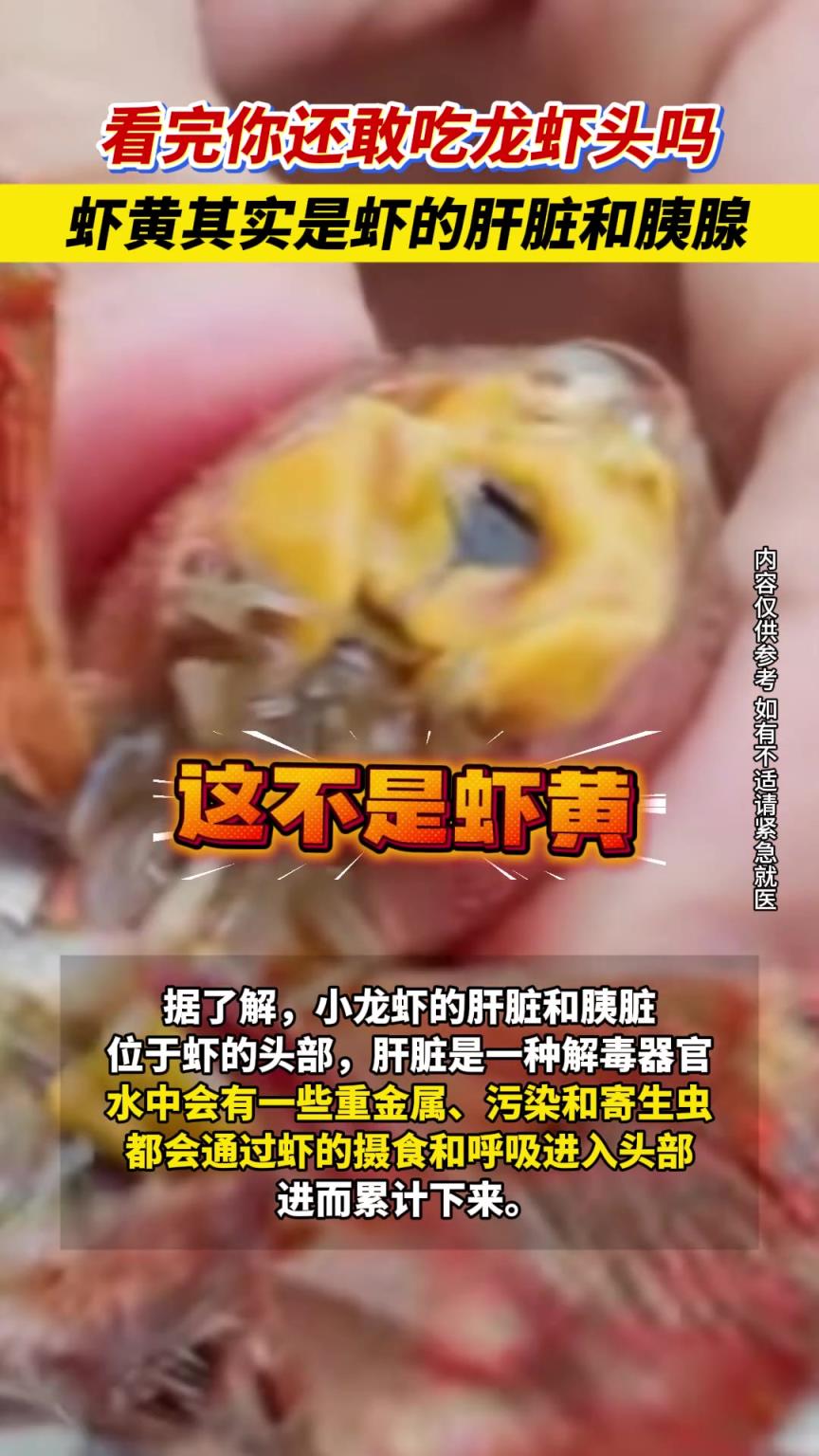 虾黄其实是虾的肝脏和胰腺，,建议大家整个头部都不要吃！！！