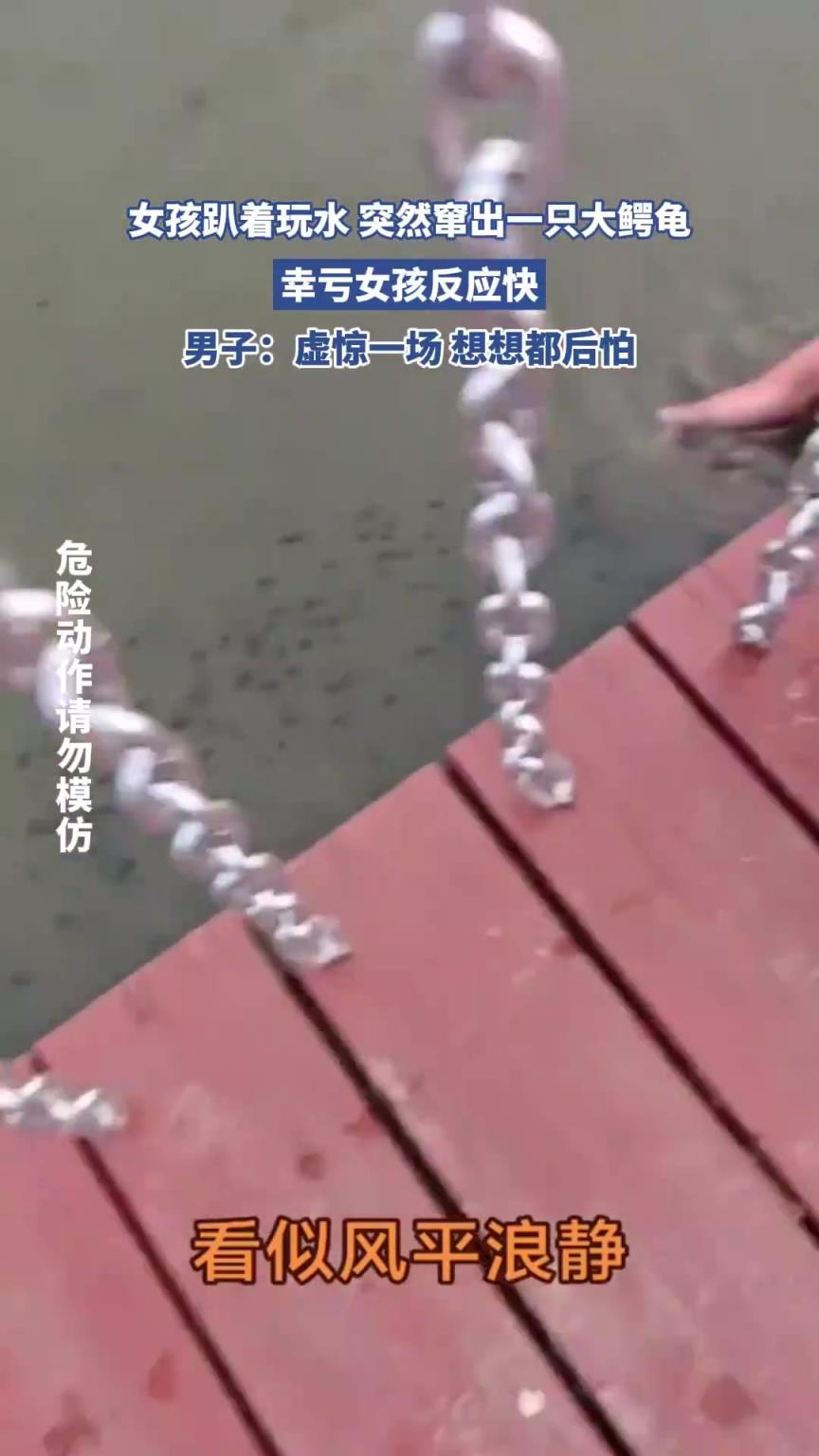 女孩趴著玩水 突然竄出一只大鱷龜，幸虧女孩反應(yīng)快