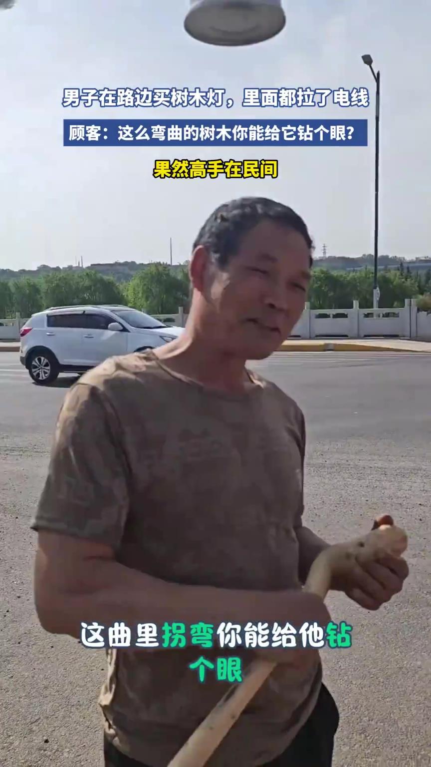 男子在路边买树木灯，里面都拉了电线