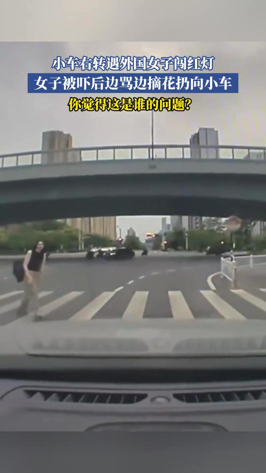 小车右转遇外国女子闯红灯，女子被吓后边骂边摘花扔向小车
