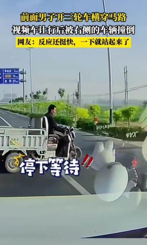 男子横穿马路被撞,网友:反应还挺快,一下站起来了!!