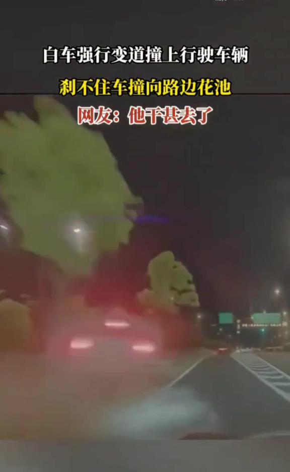 白車強行變道撞上行駛車輛,失控沖向路邊花池!!!