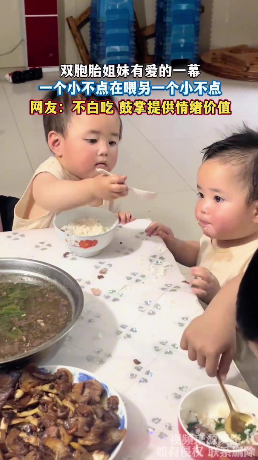 双胞胎姐妹有爱的一幕，一个小不点在喂另一个小不点