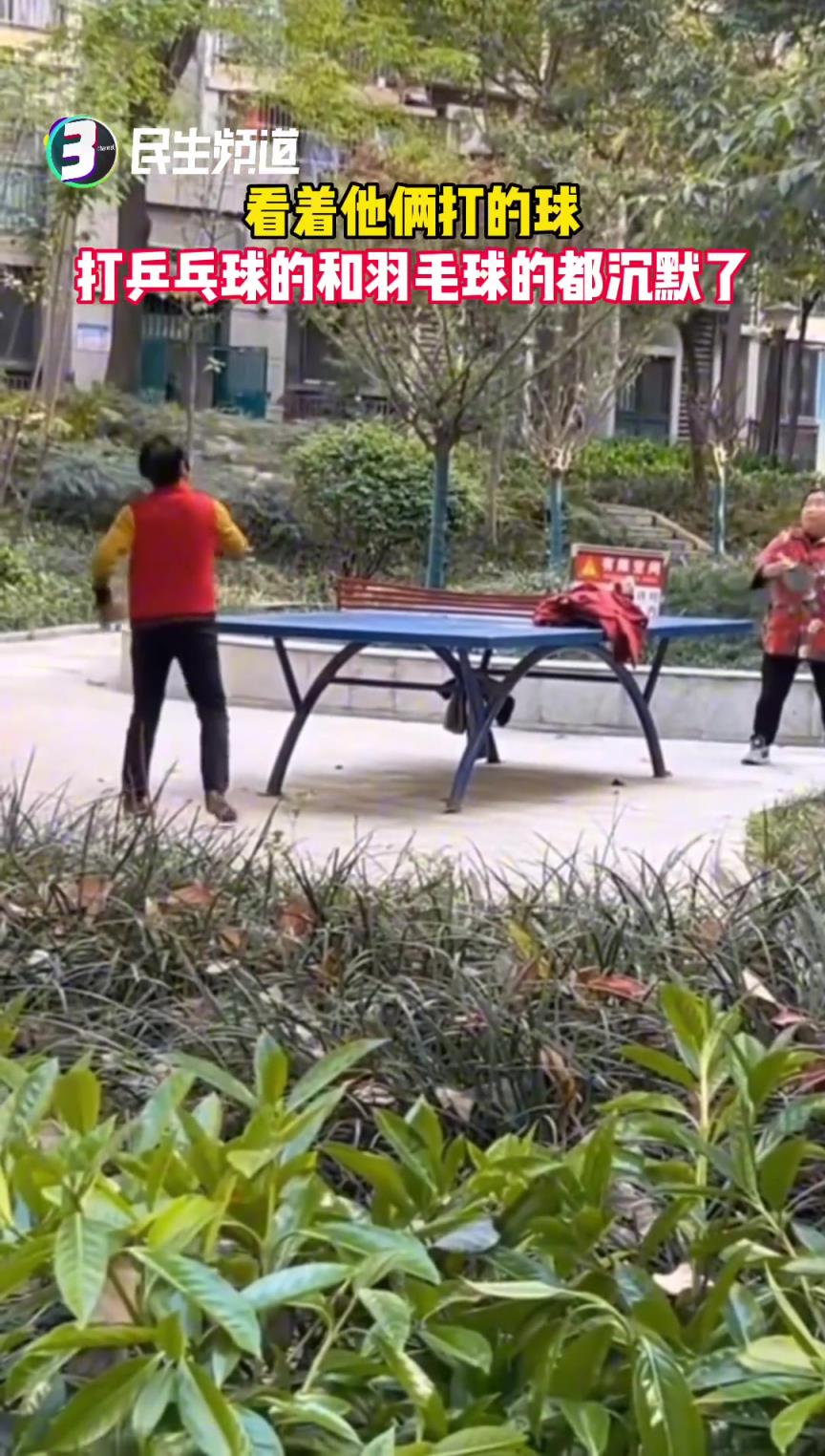 看這兩個(gè)大媽打乒乓球，打羽毛球的人都沉默了...