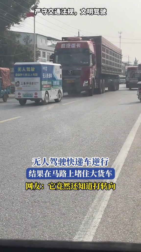 無人駕駛快遞車逆行,結(jié)果在馬路上堵住大貨車!!
