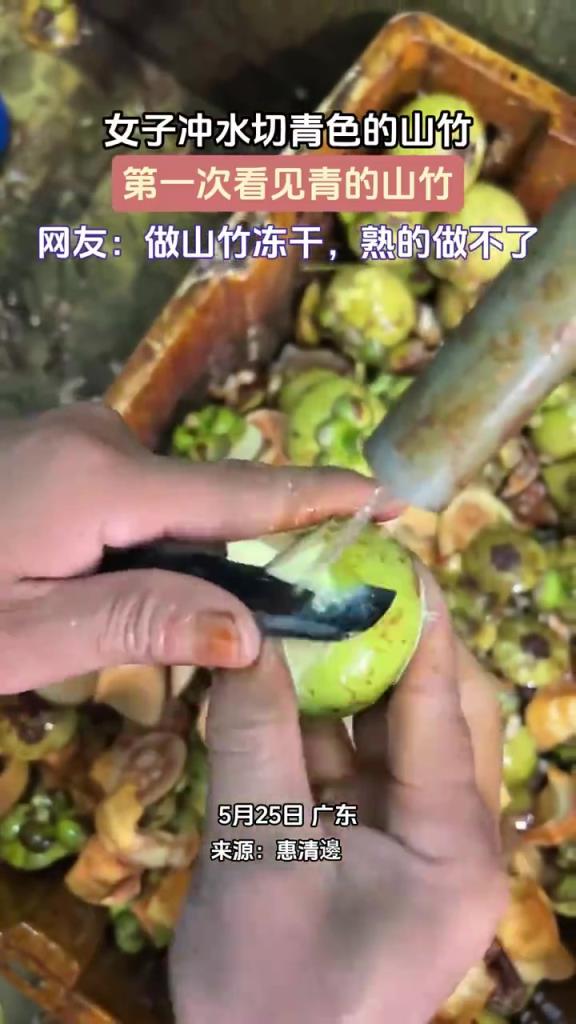 女子沖水切青色的山竹，第一次看見青的山竹