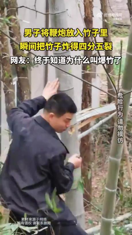 男子將鞭炮置入竹子，瞬間竹子被炸得四分五裂