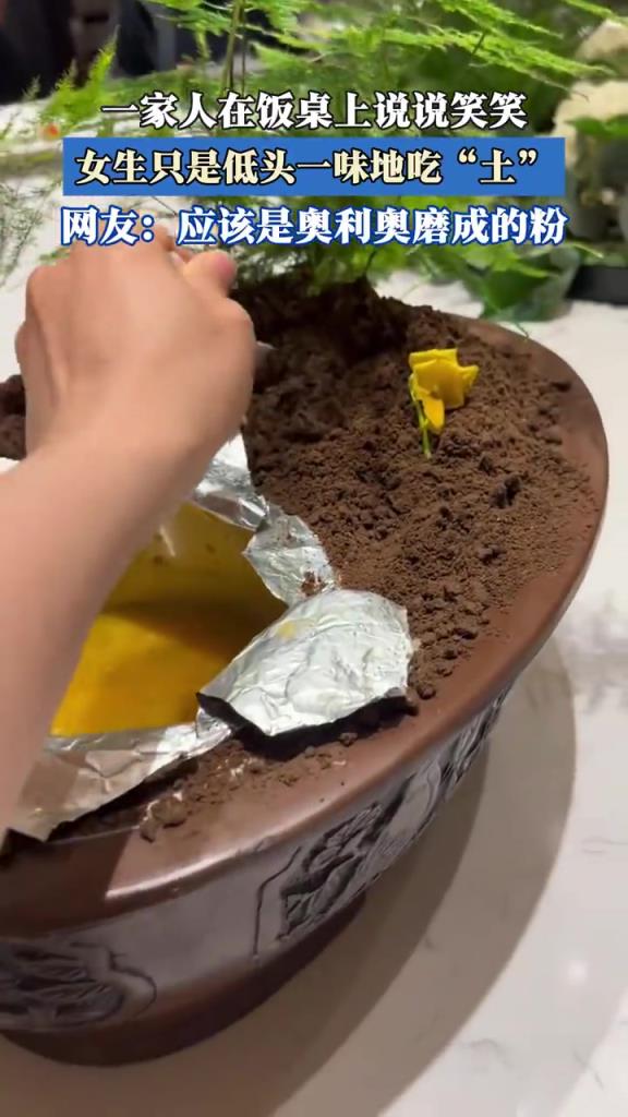 一家人在饭桌上说说笑笑 女生只是低头一味地吃土