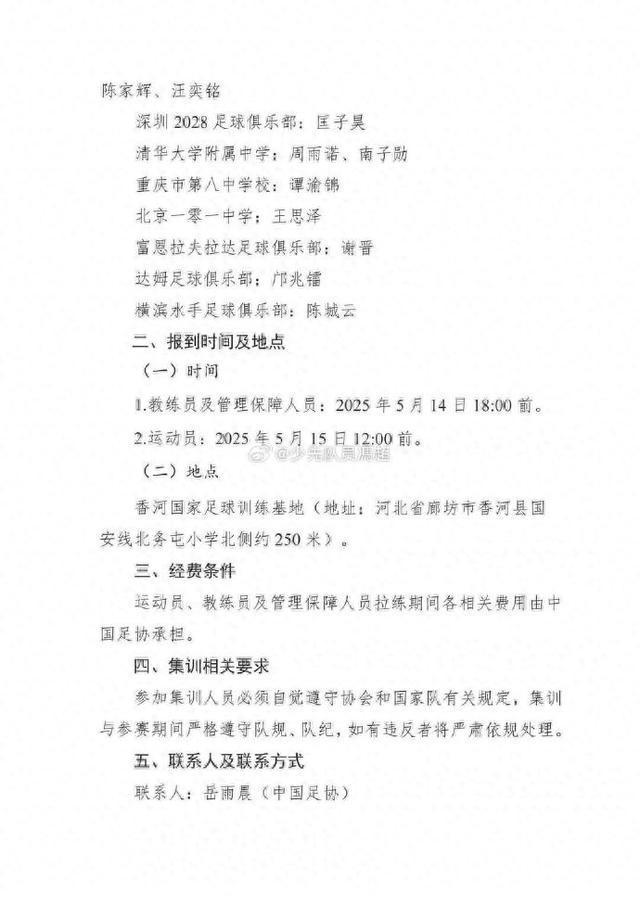 足協(xié)公布U16國足名單，內(nèi)容顯示謝晉留洋富恩拉夫拉達(dá)