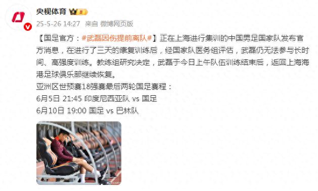 国足官方：武磊因伤提前离队
