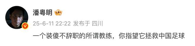 潘粵明炮轟國足教練伊萬：一個裝傻不辭職的所謂教練，你指望它拯救中國足球！此前曾多次發(fā)文評價國足