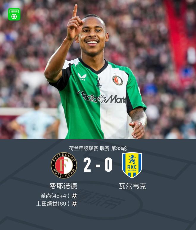 費耶諾德2-0瓦爾韋克鎖定歐冠附加賽資格，派尚傳射，上田綺世破門