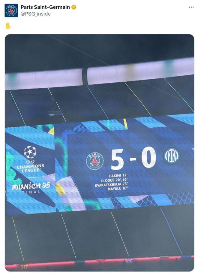 五指山！巴黎官方社媒曬歐冠決賽5-0比分板?