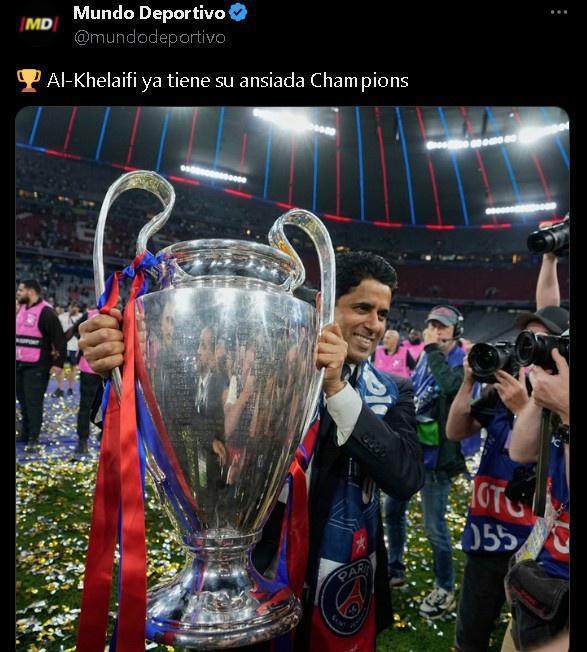 他比姆總先拿歐冠了巴黎主席納賽爾開心捧歐冠獎杯，笑容滿面