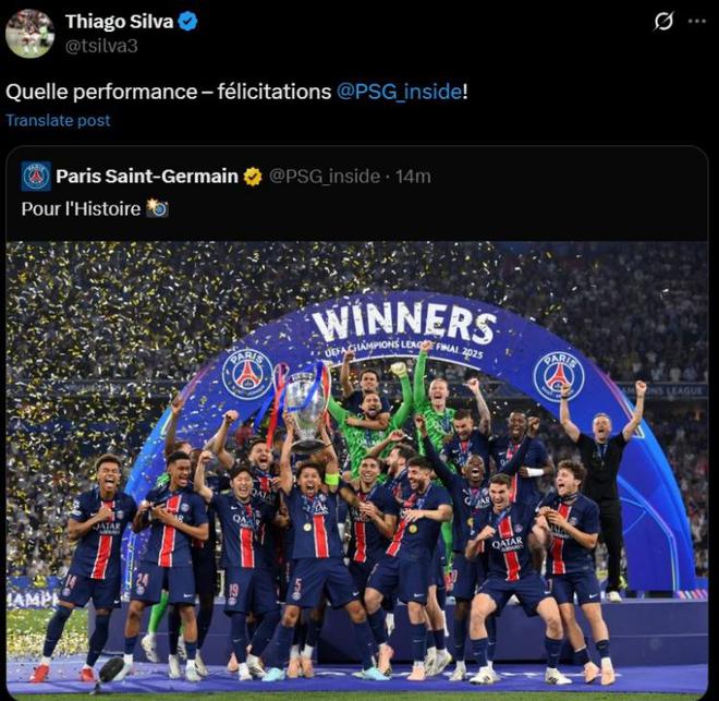 蒂亞戈-席爾瓦社媒曬照祝賀前東家巴黎奪冠：了不起的成就！