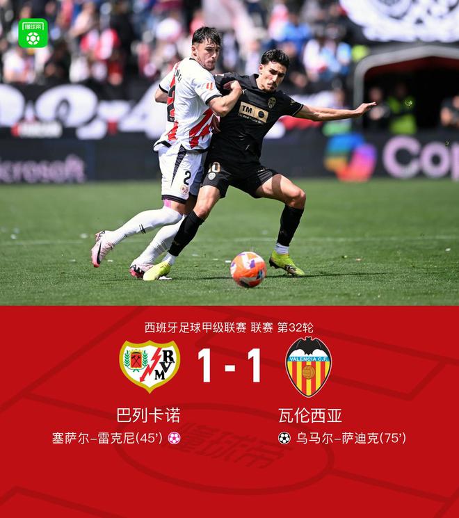 巴列卡诺1-1瓦伦西亚，雷克尼乌龙，萨迪克破门
