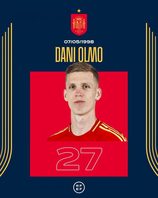 西班牙隊祝奧爾莫27歲生日快樂，為球隊出戰43場11球10助斬獲2冠