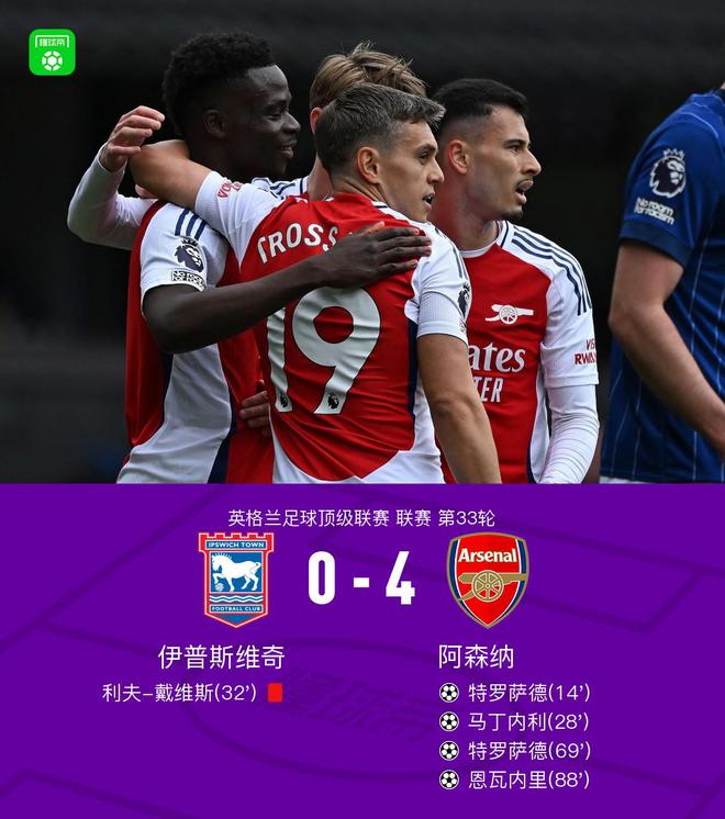 剑南春｜阿森纳4-0十人伊普斯维奇，特罗萨德双响