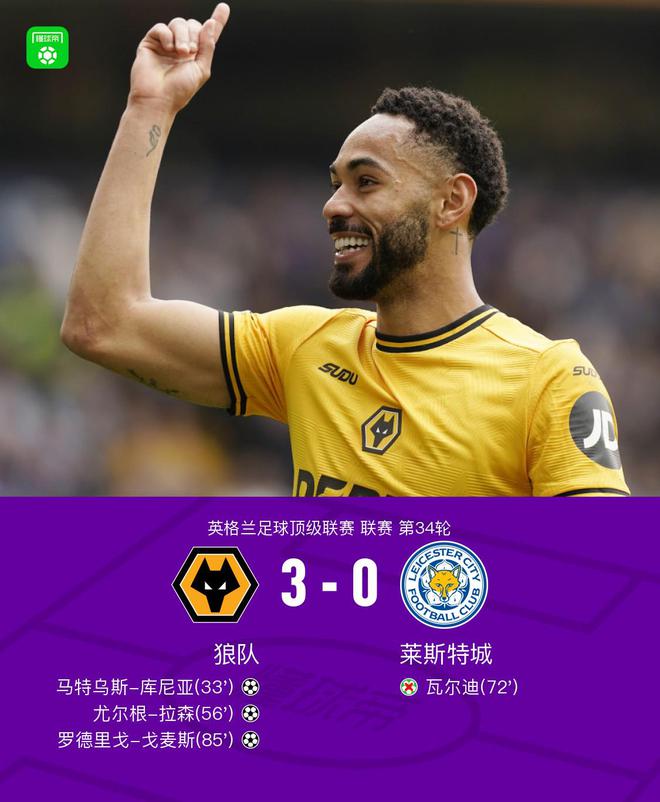 狼队3-0莱斯特城，库尼亚两射一传，拉森建功，瓦尔迪失点