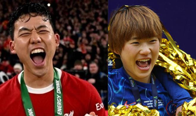 捧杯，日本球员远藤航、浜野真香分别随队夺得男女足英超冠军