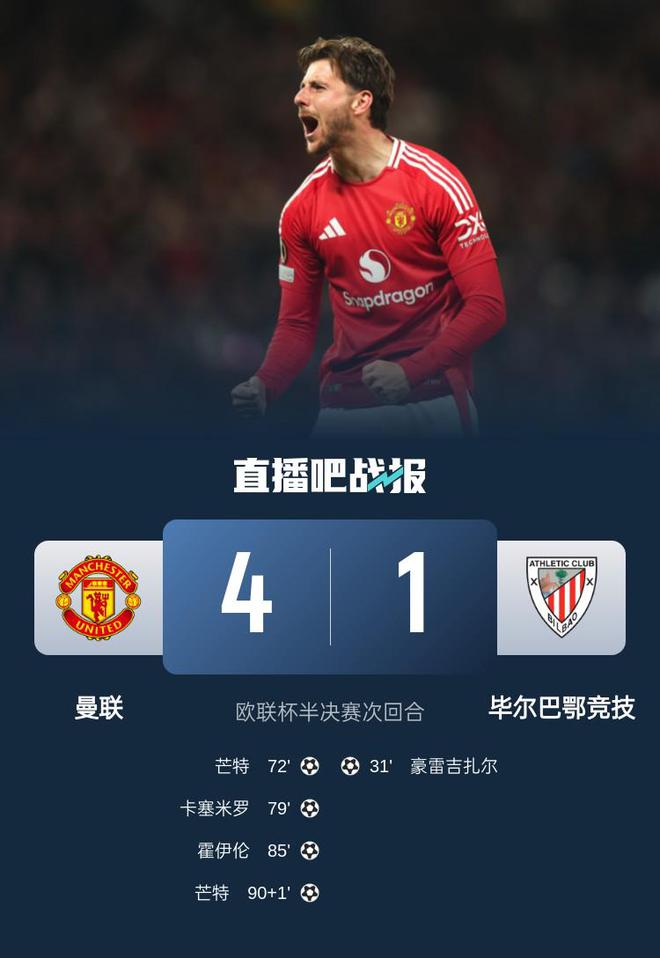 晉級歐聯(lián)決賽！曼聯(lián)4-1總比分7-1畢巴 芒特雙響卡塞米羅頭球建功