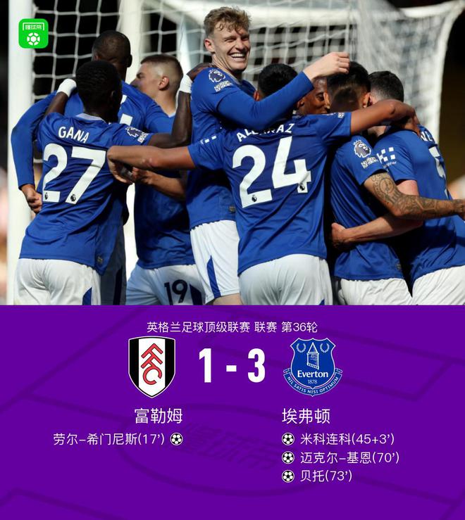 埃弗頓3-1逆轉(zhuǎn)富勒姆，基恩頭球破門，貝托鎖定勝局