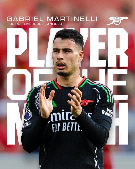 打入進球，馬丁內(nèi)利當選與利物浦一役阿森納隊內(nèi)最佳球員