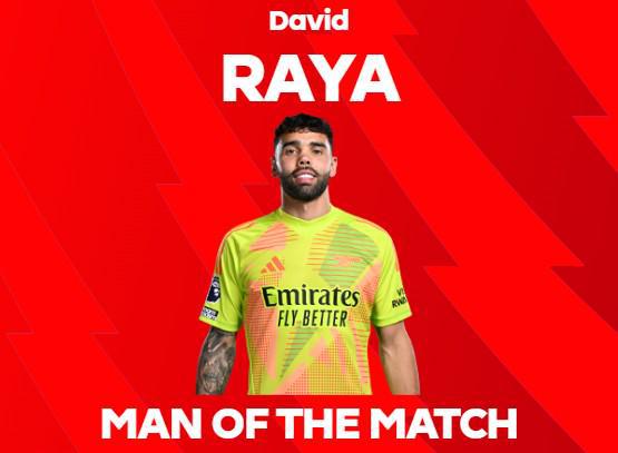 5次撲救，戴維-拉亞當選阿森納vs紐卡全場最佳