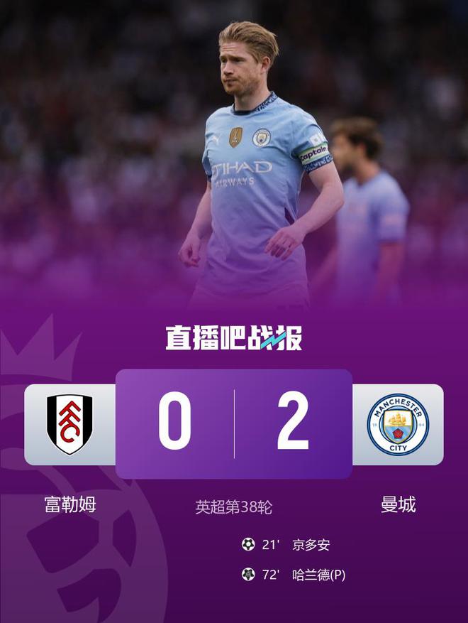 獲第3！曼城2-0富勒姆 丁丁英超告別戰(zhàn)京多安倒鉤+造點哈蘭德點射