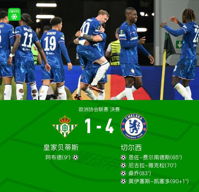 切爾西4-1逆轉(zhuǎn)貝蒂斯奪歐協(xié)聯(lián)冠軍，桑喬破門，帕爾默兩助攻