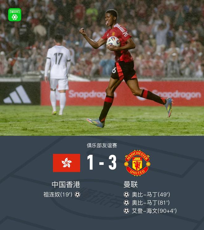 曼聯3-1逆轉中國香港，奧比-馬丁梅開二度，海文破門