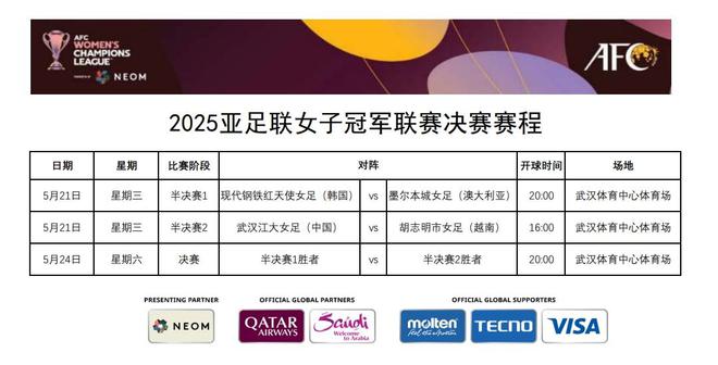官方：女足亚冠半决赛武汉女足vs胡志明市女足5.21下午进行