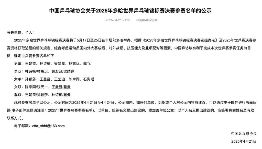 中国乒协公示多哈世乒赛国乒参赛名单