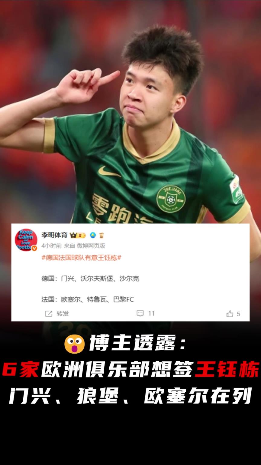 媒體人:門興&狼堡&歐塞爾等6家球隊想簽王鈺棟