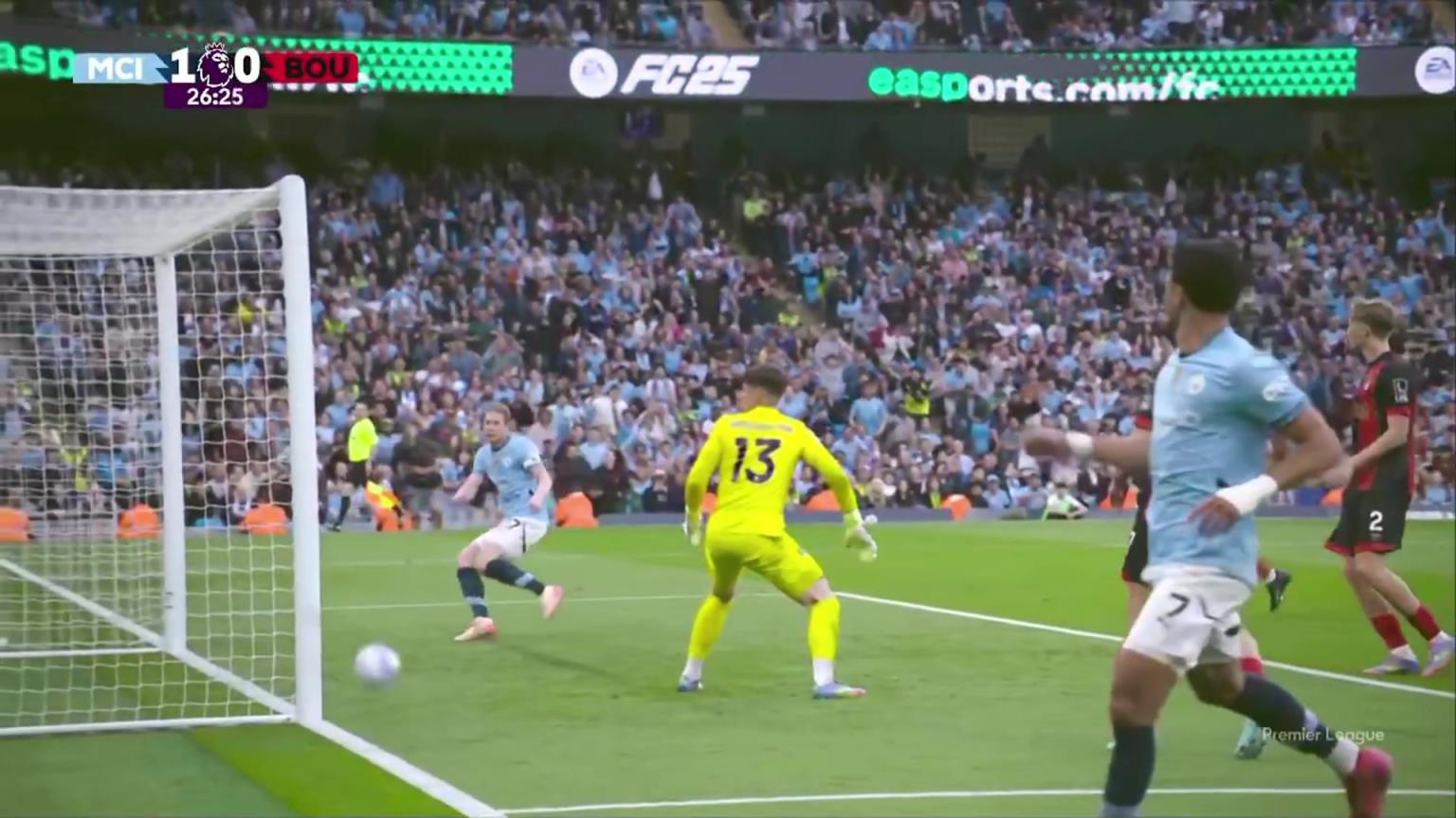 可惜了！馬爾穆什傳中，德布勞內(nèi)直面空門射門擊中橫梁