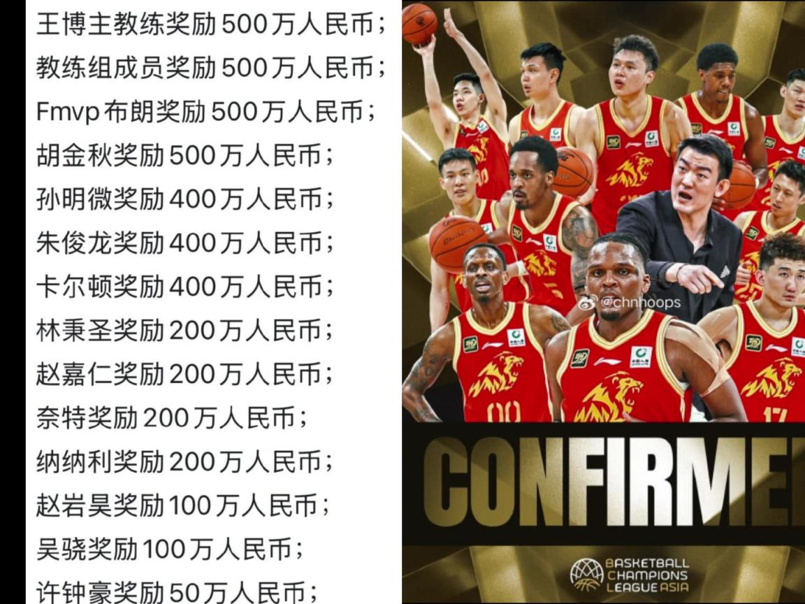 廣廈奪冠的隊(duì)內(nèi)獎(jiǎng)金：布朗、王博、大秋500萬，孫朱各四百萬
