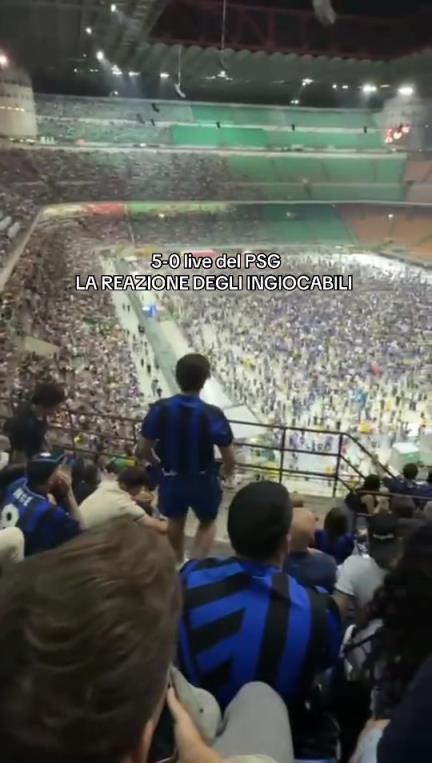 实拍：大巴黎攻入第五球，梅阿查球场内国米球迷愤然起身离场