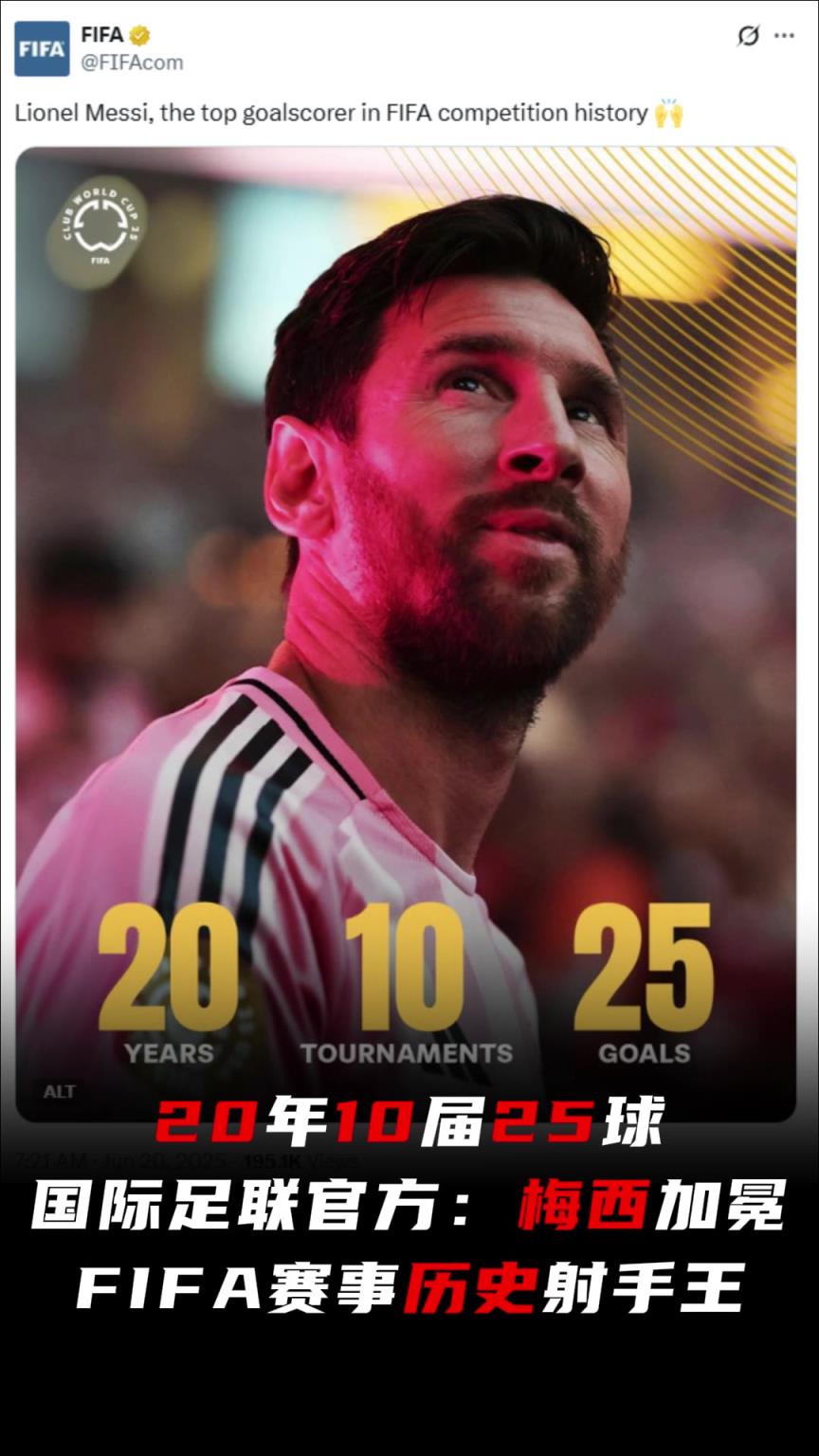 傳奇！國際足聯(lián)官方：梅西加冕FIFA賽事歷史射手王