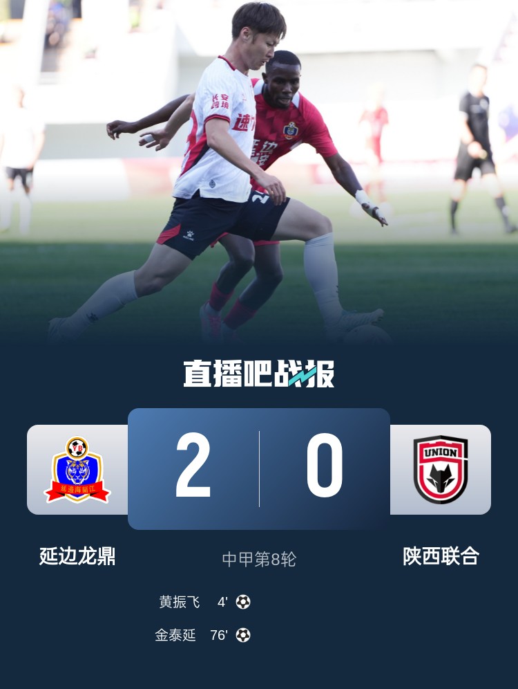 6輪5負！陜西聯(lián)合0-2延邊龍鼎居倒數(shù)第4+與降級區(qū)同分 金泰延破門