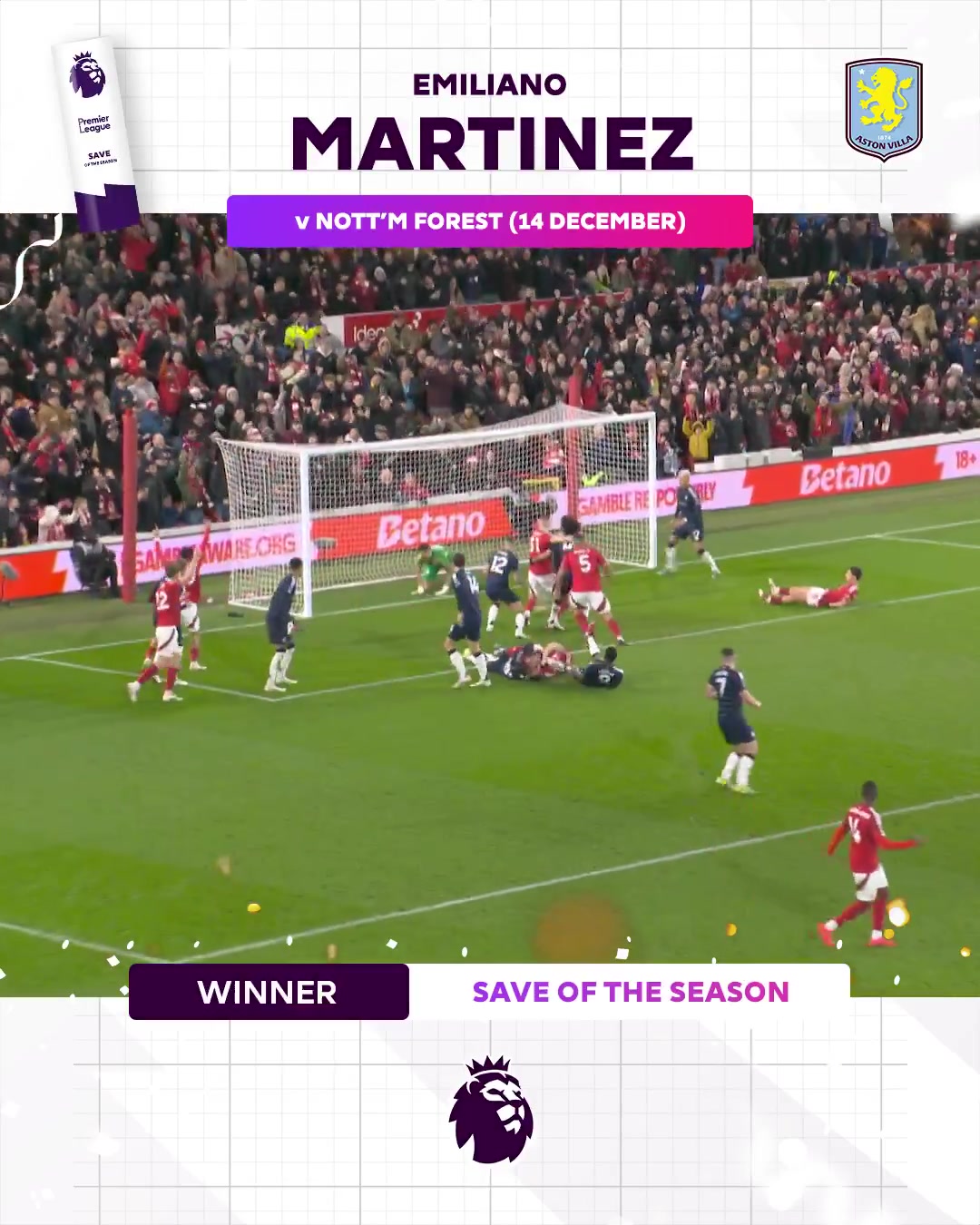 官方：大馬丁對森林的極限神救球當選英超賽季最佳撲救